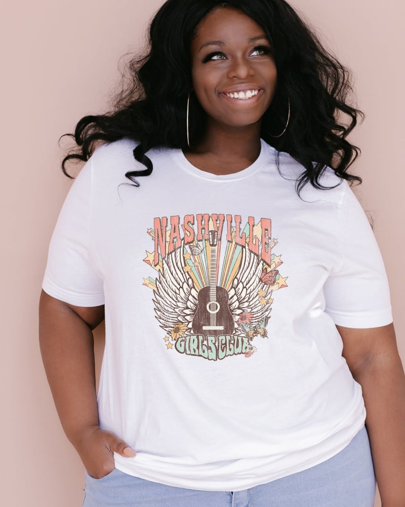 Front of a model wearing a size Large Nashville Girls Club in White by Simply Sage Market. | dia_product_style_image_id:281775